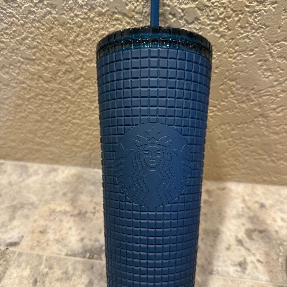 Starbucks Winter 2023 Release Navy Blue Grid 24oz Cold Cup Venti Tumbler
